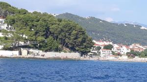 a view of a beach with houses and trees at Rooms Pipo in Rab