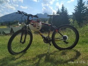 a bike parked in the grass in a field at Durmitor Apartments Holiday in Žabljak