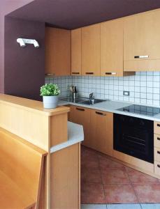 una cucina con armadi in legno e una pianta in vaso di Residenza Nagler a Bormio