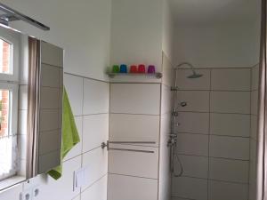 a bathroom with a shower and a toilet in it at Ferienwohnung an der Berliner Seenkette in Schwerin