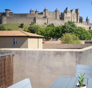 uitzicht op een kasteel vanaf het dak van een huis bij La Terrasse de Jules in Carcassonne