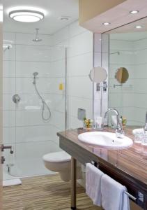 uma casa de banho com um lavatório, um chuveiro e um WC. em Ringhotel Roggenland em Waldeck