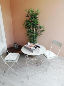 a table and two chairs in a room with a plant at B&B Green House in Villasimius
