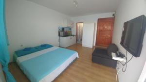 Schlafzimmer mit einem Bett und einem Flachbild-TV in der Unterkunft Villa Franko in Prizna