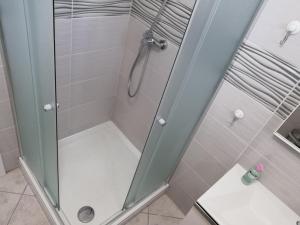 W łazience znajduje się prysznic ze szklanymi drzwiami. w obiekcie Apartments Venerea w Nin +37 zdjęć