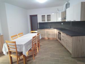 een keuken met een tafel en stoelen en een wastafel bij APARTMAJI MATAŽIN in Črni Kal