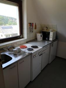 eine Küche mit einem Herd, einem Waschbecken und einem Fenster in der Unterkunft Ferienwohnung Lydia in Schönwald