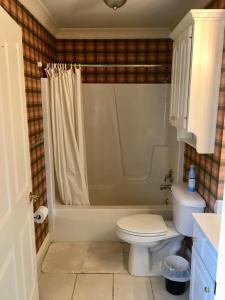 LebanonDowntown abode in the heart of the Bourbon Trail的配有白色马桶和淋浴的浴室 更多35张照片