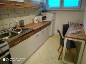 a small kitchen with a sink and a table at Apartament Briesen in Wąbrzeźno