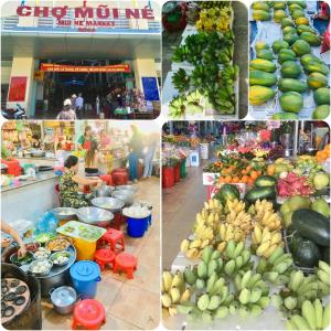 a collage of photos of a market with fruits and vegetables at Homestay BONO Mũi Né in Phan Thiet