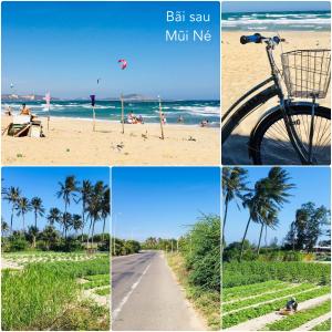 a collage of photos of the beach and a bike at Homestay BONO Mũi Né in Phan Thiet
