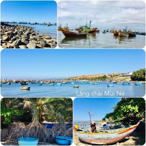 a collage of photos of a harbor with boats in the water at Homestay BONO Mũi Né in Phan Thiet