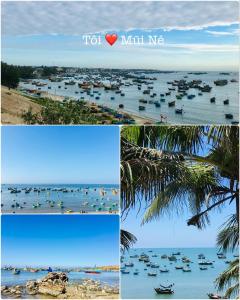 a collage of photos of a beach with boats in the water at Homestay BONO Mũi Né in Phan Thiet