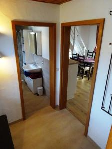 a view of a bathroom with a sink and a mirror at Ferienwohnung Pickert in Bad Endorf