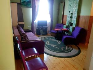 スヴィチャスにあるCasa de Gretaの紫色の家具と窓が備わるリビングルーム