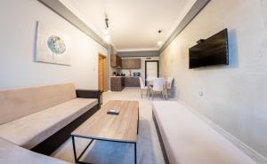 een woonkamer met een bank en een salontafel bij Sofia Industrial Life Apartment in Sofia