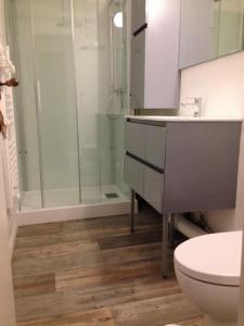 a bathroom with a shower and a toilet and a sink at GITE BORD DE MER in Bernières-sur-Mer