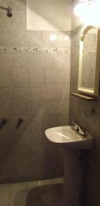 een badkamer met een wastafel en een douche met een spiegel bij Hotel Manzanares Plaza in Buenos Aires