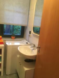 a bathroom with a sink and a mirror and window at Ferienappartements Anke Lange in Waren