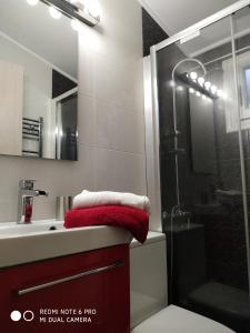 ein Bad mit einem Waschbecken und einer Dusche mit einem roten Handtuch in der Unterkunft LAVIM Apartments 2 in Sykia