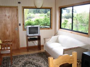ein Wohnzimmer mit einem Sofa und einem TV in der Unterkunft Parque Ilihue in Lago Ranco