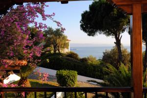 a view of the ocean from a balcony with flowers at Villa Anna Maria in Agia Paraskevi