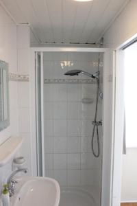 ein Bad mit einer Dusche und einem Waschbecken in der Unterkunft Kerstins Bed and Breakfast in Egmond aan Zee