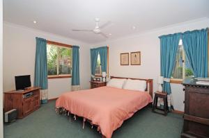 a bedroom with a bed and a television and blue curtains at Bonnie Doon Family friendly home in Kangaroo Valley