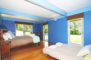 a bedroom with blue walls and two beds and windows at Yeola Lush location with river access in Upper Kangaroo River