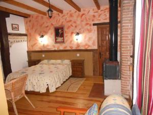 1 dormitorio con 1 cama y chimenea en una habitación en La Mesnadita, en Olmedo