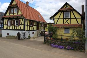 Quelques maisons jaunes et noires avec des fleurs dans l'établissement chez salome et fritz, à Ingolsheim