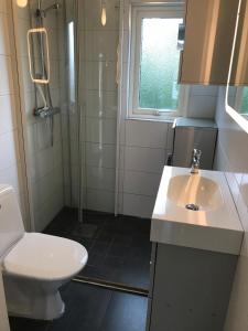 een badkamer met een wastafel en een toilet bij Stugcentralen Stuga 24 in Halmstad