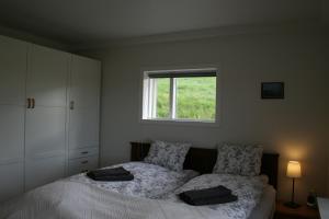 a bedroom with a bed and a window at Guesthouse Svinavatn in Svínavatn