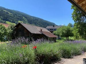 a barn with a field of flowers in front of it at Bobbies Nest in Schladming