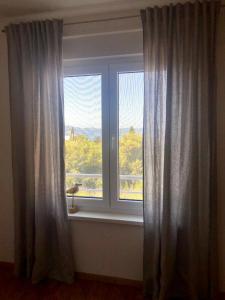 a window with curtains in a room with a view at Sea View Kozino in Kožino