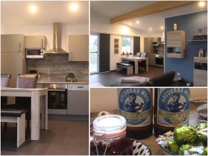 three different views of a kitchen and a living room at Eifel Apartments in Esch