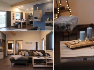 three pictures of a living room with a couch and a table at Eifel Apartments in Esch