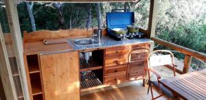 a kitchen on the deck of a tiny house at Stazzu la Capretta Farm Camping & Guest Rooms in Olbia