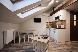 a kitchen with a vaulted ceiling with a skylight at Apartamenty Za Winklem in Kraków