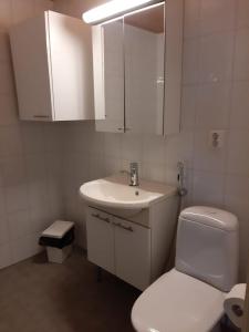 a white bathroom with a toilet and a sink at Apartment Asemakatu 20 in Kuopio