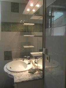 ein Bad mit einem Waschbecken und einer Glasdusche in der Unterkunft JOLIE MAISON ANCIENNE RENOVEE PRES DU ZOO BEAUVAL TOUT CONFORT in Selles-sur-Cher