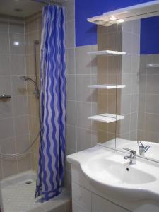 ein Badezimmer mit einem Waschbecken und einem blauen Duschvorhang in der Unterkunft Appartement Côté Terrasse in Vals-les-Bains