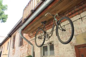 uma bicicleta pendurada do lado de um edifício em Spreewaldunterkunft Buchecker em Lübben