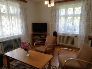 un soggiorno con tavolo, sedie e TV di Villa Oliva a Cesky Krumlov