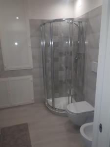 y baño con ducha, aseo y lavamanos. en casanelmare, en Mola di Bari