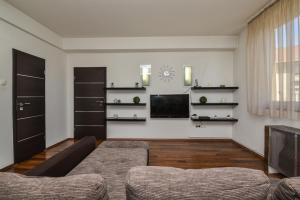 a living room with a couch and a flat screen tv at Castle Apartment With Panoramic Balcony in Budapest