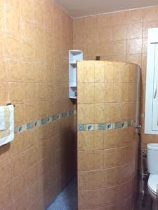 baño con aseo y pared de azulejos en Apartamentos Manbea, en San José