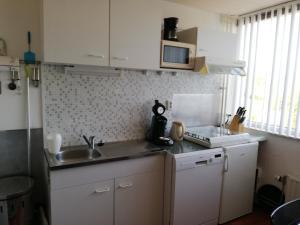 eine kleine Küche mit einer Spüle und einer Mikrowelle in der Unterkunft Saskia in Zoutelande
