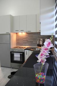 a kitchen with a black counter with a vase with flowers at Holiday Home Flora in Mostar