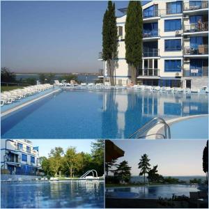 a collage of pictures of a swimming pool and a building at Blue Bay Palace Apart Complex in Pomorie